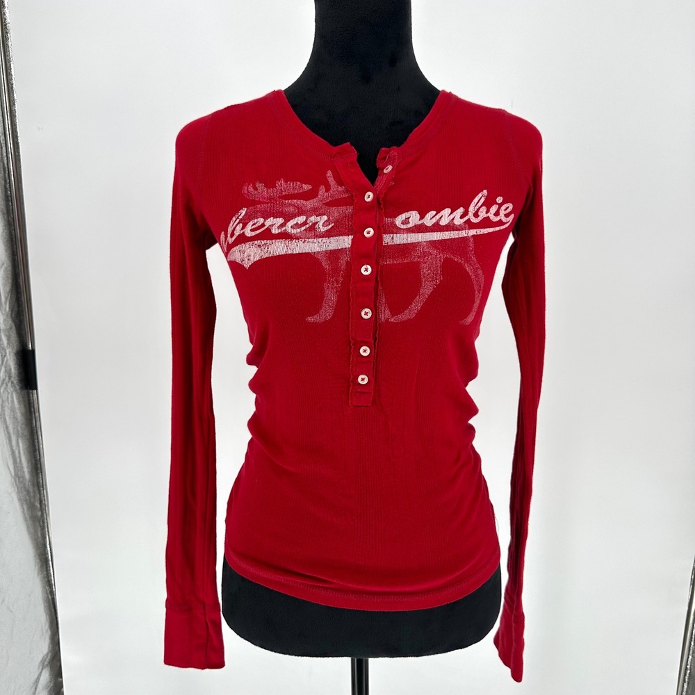 Y2K Abercrombie Red Fitted Long Sleeve Henley Cotton Top‎ Moose Distressed XS/S